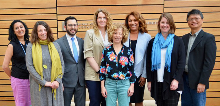 On March 25, awards for innovative teaching were presented (l-r) to Dr. Seema Agrawal, Dr. Alexandra Lightfoot, Dr. Benjamin Mason Meier; Dr. Alyssa Mansfield Damon, Dr. Karin B. Yeatts, Dr. Dana Rice, Catherine Sullivan and Dr. Feng-Chang Lin. Not pictured: Dr. Mark Serre