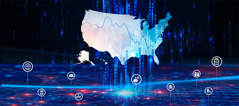 Visual representation of data within a map of the United States surrounded by health- and data-related icons