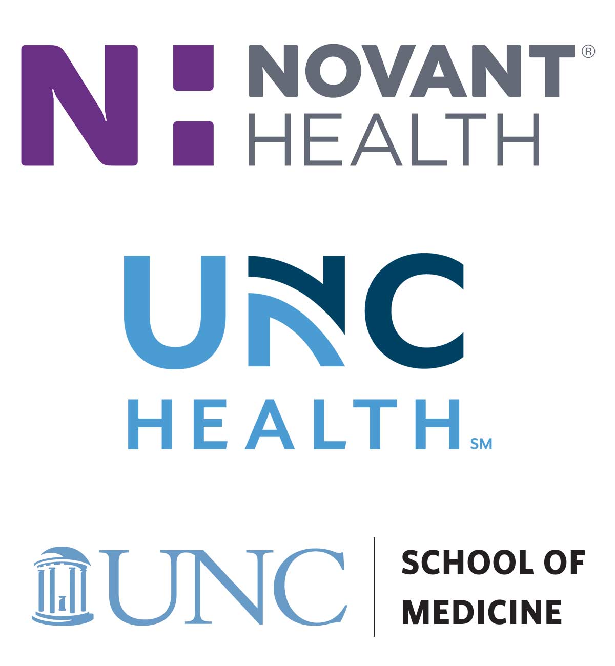 logos for Novant Health, UNC Health, UNC School of Medicine