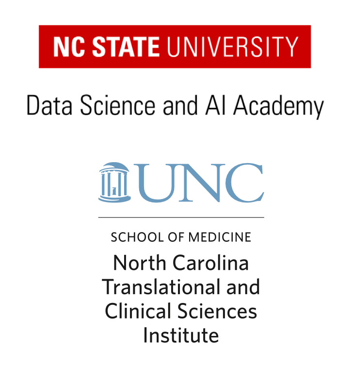 logos for Data Science and AI Academy at NC State University and NC TraCS