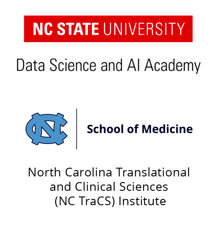 logos for Data Science and AI Academy at NC State University and NC TraCS